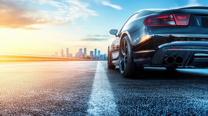 Luxury car  Wallpaper. Luxury car driving down an empty highway with a city skyline in the background, ideal for car commercials.