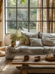 Wall Mural - Interior of light living room with grey sofa, wooden coffee table and big window