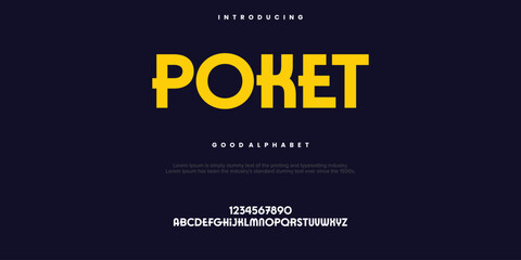 Poket modern abstract digital font. Logo creative font, type, technology, movie, digital, music, movie. Font and illustration in vector format.