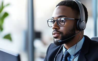 A focused professional in a suit, wearing headphones, engages in a conversation, showcasing a modern, productive work environment.