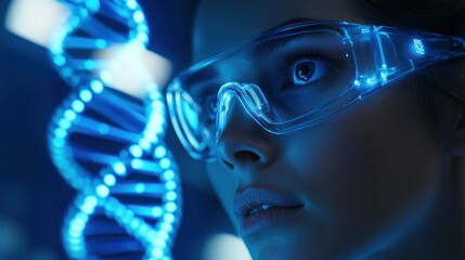 Poster - a close-up of a woman in safety glasses, with a glowing dna strand in the background.