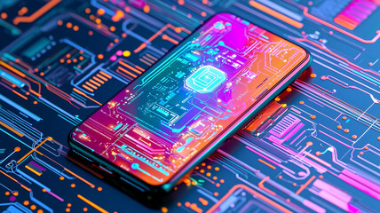 vibrant smartphone rests on colorful circuit board background, showcasing intricate digital patterns and glowing elements. design evokes sense of modern technology and innovation