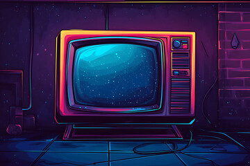 Poster - A retro television set in a dark, colorful environment, evoking nostalgia and creativity.