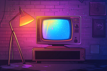 Poster - A retro television set in a dimly lit room with a colorful lamp.