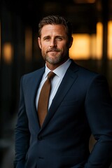 Wall Mural - Confident businessman in a blue suit and brown tie stands with his hands in his pockets, looking directly at the camera.