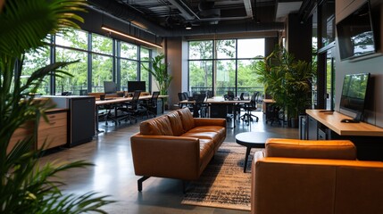 Modern office interior with leather sofas, large windows, and potted plants.