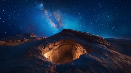 Sinkhole on stone tunnel underground glowing in the dark and milky way sky view night