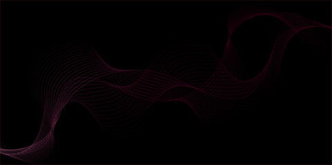 Abstract pink wavy lines on a black background.  Abstract vector background with waves .wave element for design. Digital frequency track equalizer. Stylized line art background. 