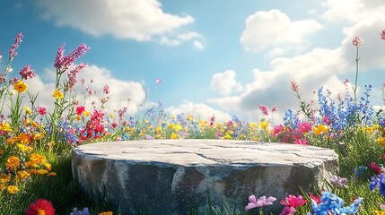 Poster - Abstact 3d render spring scene and Natural background Stone podium on the colorful flowers and grass field backdrop blue sky and cloud for product display advertising mockup or etc : Generative AI
