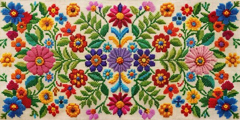 Wall Mural - Needlework design with intricate floral patterns and vibrant colors, needlework, sewing, embroidery, stitching, thread, fabric