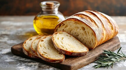 Poster - Fresh Sliced Homemade Wholegrain Wheat Bread whit olive oil on white rustic background Artisan Sourdough : Generative AI