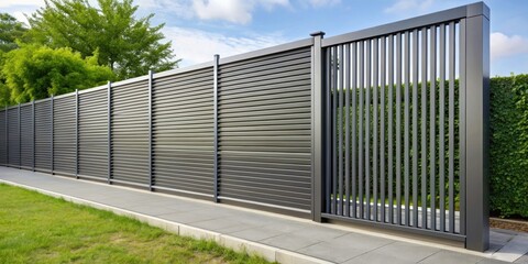 Grey steel fence with a modern design , metal, barrier, protection, security, boundary, industrial, architecture