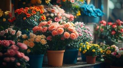 Poster - Beautiful colorful flowers and plants in a pots in a Flower shop Selective focus : Generative AI