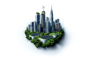 Aufkleber - Watercolor painting of a futuristic city skyline with green rooftops and renewable energy systems, representing tomorrowâ€™s solutions for urban sustainability