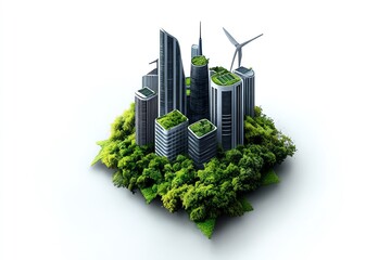 Aufkleber - Watercolor painting of a futuristic city skyline with green rooftops and renewable energy systems, representing tomorrowâ€™s solutions for urban sustainability