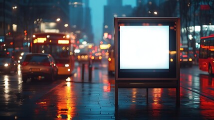 Poster - White bus stop billboard poster in a station with cars in moving in the background Front view mockup concept blank poster city traffic : Generative AI