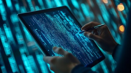 Leinwandbilder - Software engineer using digital tablet with cyber security network computer code on virtual screen interface Data science machine learning of artificial intelligence digital software d : Generative AI