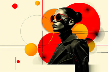 Wall Mural - A woman wearing sunglasses and a black jacket stands in front of a colorful background. The image is a creative and artistic representation of a woman in a modern and stylish outfit