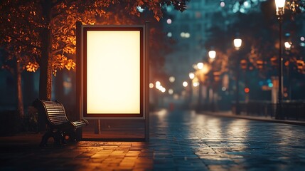 Poster - Mockup Of Bus Stop Vertical Billboard In Front Of Empty Street Background At Night Blank Advertising Display In A Park : Generative AI