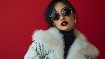 Fashionable confident Asian woman wearing chic fur jacket sunglasses and black boots in perfect slim shape on isolated red background in studio Cosmetics femininity : Generative AI