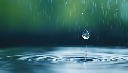 A single water droplet descending into a smooth pool, creating ripples against a blurred green background.