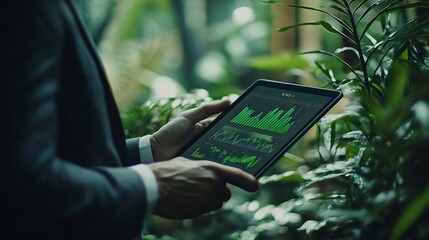 ESG concepts for environment society and governance Businessman uses iPad to analyze ESG in business investment strategy concept which the screen shows with a green graph : Generative AI