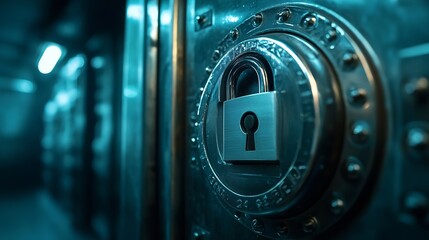 Fototapete - technology login information security privacy business protection protect padlock password touching padlock hud to view cloud technology system that tech is protect your data and secur : Generative AI