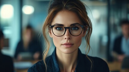 Poster - Engaged female leader with glasses presenting at a business workshop with attentive colleagues in a welllit contemporary office setting : Generative AI