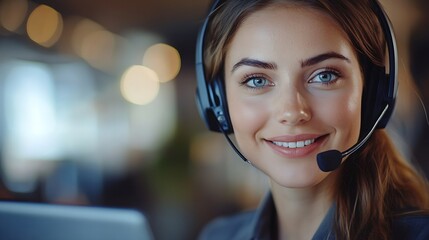 Poster - Smiling caucasian business woman with headset working on a laptop in a call center on the line Happy female working in a busy customer service department and taking notes while talking : Generative AI