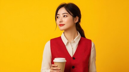 Full body side view young lawyer employee business woman of Asian ethnicity wear formal red vest shirt work at office hold use mobile cell phone drink coffee isolated on plain yellow b : Generative AI