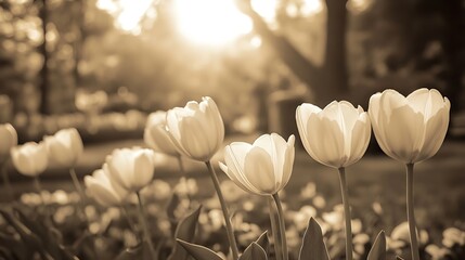 Fototapete - Spring tulips in the park sepia and blue : Generative AI