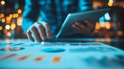 Fototapete - Business thinking and man with tablet ideas or opportunity with decision choice or laptop Person financial advisor or employee with tech thoughts or problem solving with solution or di : Generative AI