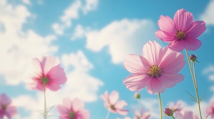 Poster - Pink cosmos flowers field on blue sky background cosmos flower in fresh morning and cloudy sky flowers imageBeautiful summer landscape : Generative AI