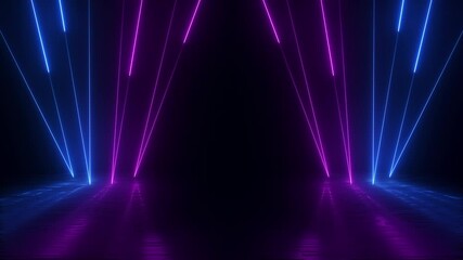 3D render, abstract neon lights background with blue purple laser lines. Loop video