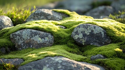 Aufkleber - Beautiful Bright Green moss grown up cover the rough stones and on the floor in the forest Show with macro view Rocks full of the moss texture in nature for wallpaper soft focus : Generative AI