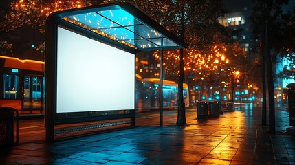Poster - Concept of digital marketing in the city Advertising billboard with white empty canvas on bus shelters with protective glass Citylight on public transport stop : Generative AI