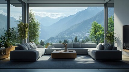 Poster - Interior of light living room with grey sofas and coffee table near big window : Generative AI