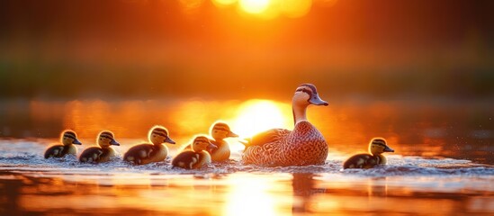 Sticker - A mother duck leads her ducklings across a calm lake at sunset.