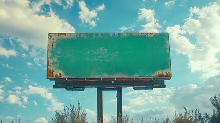 Poster - Empty billboard with chroma key green screen on blue sky with clouds advertisement concept screen green background panoramic view : Generative AI