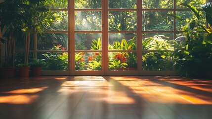 Sticker - Sunlight falling on floor in unfurnished empty living room through large windows overlooking lush plants in backyard : Generative AI