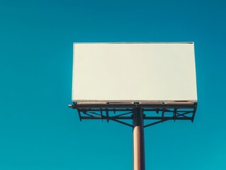 A simple, blank white billboard stretches high into a clear sky, illuminated by natural sunlight. The smooth white surface of the sign contrasts with the deep blue sky, offering an ideal space for com