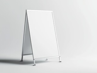 A portable advertising stand with a double-sided blank display, the frame made of polished metal. The foldable mechanism is visible at the hinges, and the sign is shown in an open position against a p