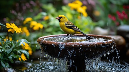Poster - goldfinch bird garden water fountain yakima indian reservation : Generative AI