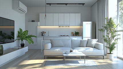 Aufkleber - Beautiful studio apartment which has living room kitchen and same area with blank wall Home products background Backdrop Indoors Interior : Generative AI