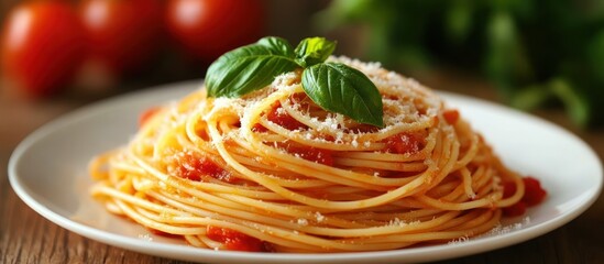 Canvas Print - A plate of spaghetti with tomato sauce, topped with grated Parmesan cheese and a sprig of basil.