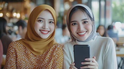 Aufkleber - Two young pretty Indonesian entrepreneur woman smile at the camera while holding smartphone against business meeting with clients on a cafe Diversity business people concept : Generative AI