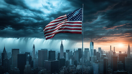 The American flag is flying high above the city skyline, with dark storm clouds gathering in the sky behind it