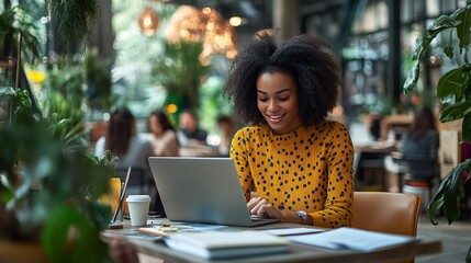 Aufkleber - Successful young people working in a coworking space African American Woman With Her Team Working With Laptop Discussing Strategy And Business Plan In Modern Office : Generative AI