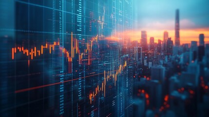 Leinwandbilder - Big data chart on city backdropTrade technology and investment analysisBusiness development financial plan and strategy : Generative AI