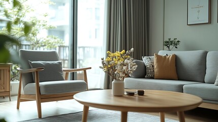 Poster - Interior of light living room with  grey sofa armchair and wooden coffee table : Generative AI